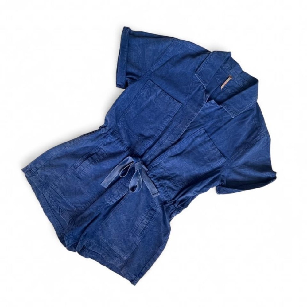blue cotton linen short romper jumpsuit size S drawstring waist boho Free People